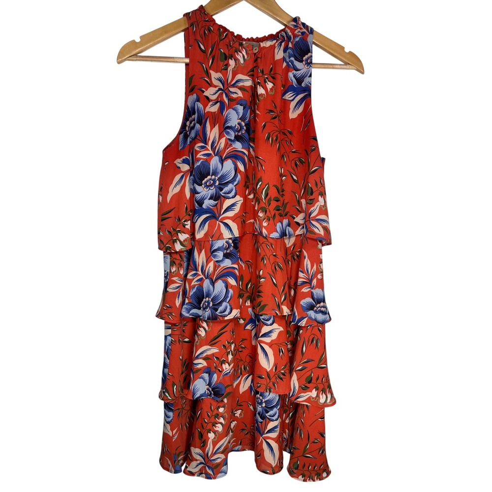 LOFT Dress  Small Orange Blue Floral Tiered Ruffle Sleeveless High Neck Boho